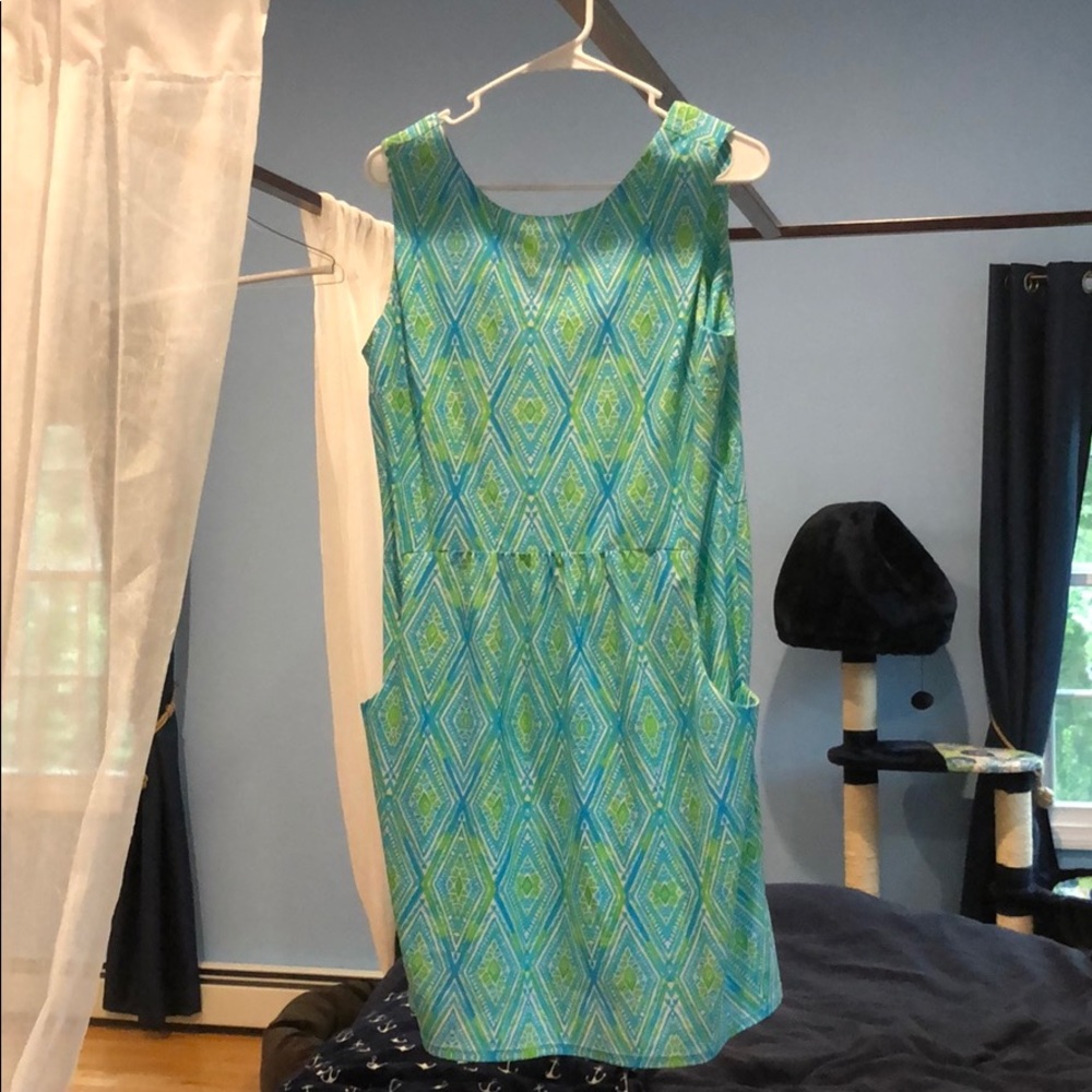 Bright blue/green sleeveless dress w front pockets